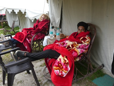 Phyllis and Kartik keeping warm in the high altitude chill, Cangaria base camp, VOF, Himalayan India