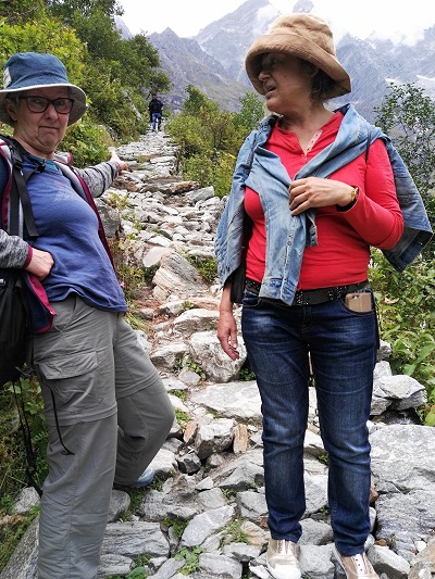 Shona and Phyllis on the track indicating the steepness of it. Himalayan India