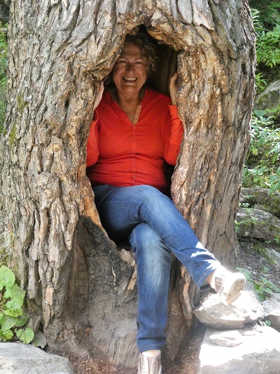 Phyllis looking comfortable in the tree seat, Valley of Flowers, Himalayan India