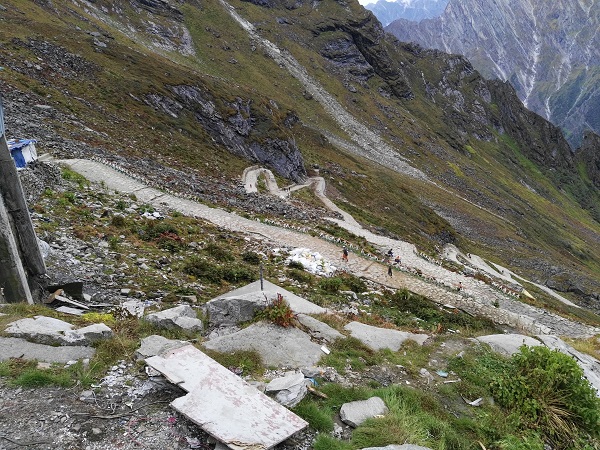 The steep last section of the zig-zag track across the face of the waterfall before arriving at Hemkund, Himalayan India