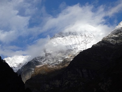 A misty view of Nilkintha Peak, (Neelkinth) Badrinath, Himalayas, India