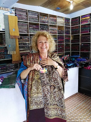 Phyllis matching colours and shawls near the tea plantation, Kausani, Himalayan India