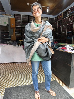 Phyllis matching colours and shawls near the tea plantation, Kausani, Himalayan India