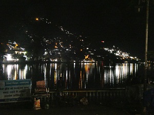 The lights above Nanital lake and the reflection on the water, Nanital, Himalayan India