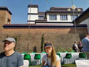 Andy and Kaya in the garden cafe at the KIBI Buddhist centre