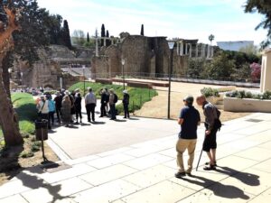 Javier and Manfred talking outside of the Roman Theatre along with guided groups, Mérida