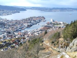 An amazing view over Bergen, the fjord and out towards the Atlantic Ocean from Mt Fløyen