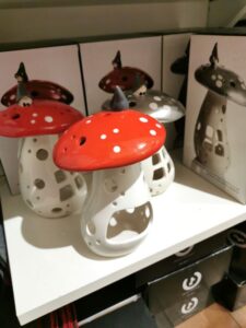 Cute mushroom shaped candle holders in the Christmas shop