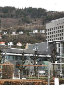 The Mount Fløyen tram line on the mountain side above Bergen