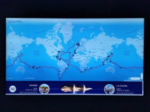 The route taken by the 'One Ocean' vessel on an information board at the Bergen Aquarium