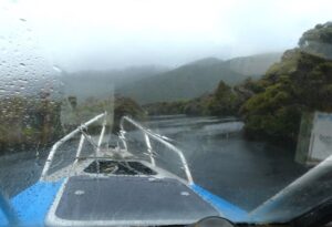 The view out of the front of the boat going up the Freshwater River