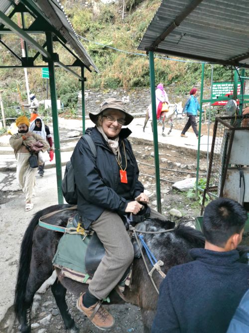 Alice and Rani at the water trough on the trail to Yamunotri