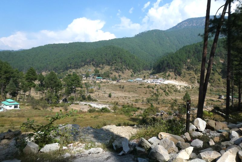 Rural scenes of forest and villages across a vally in the Tons River area