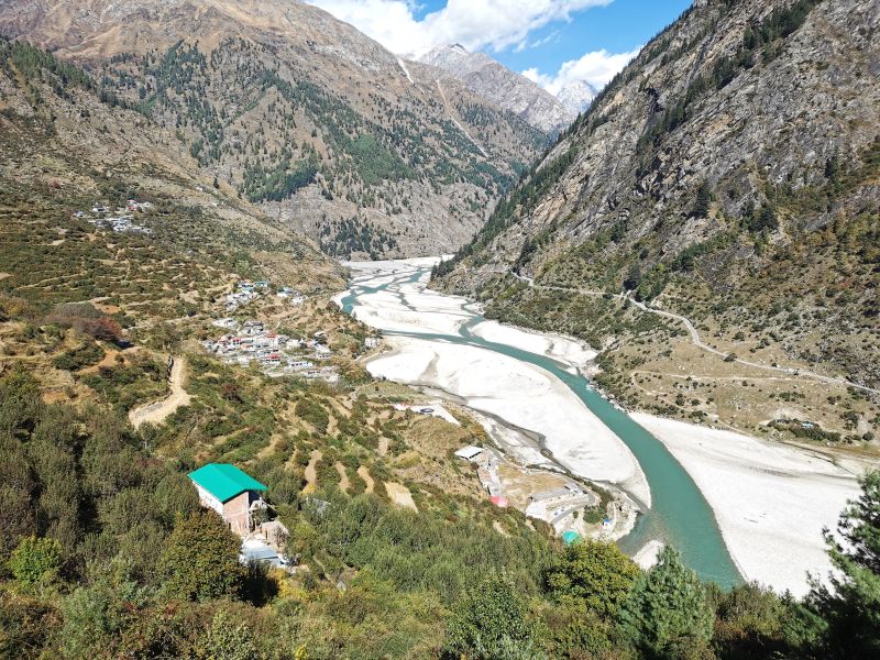 The Bhagirathi River coming from Gangotri flanked by the mountains around Harsil and the villages and roads to Gangotri