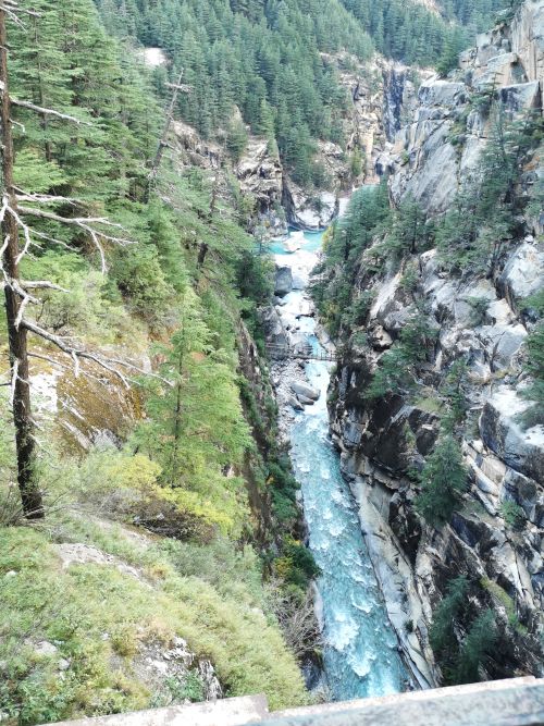 The Jadh Ganga River as seen from the Lanka Bridge near Gartang Gali - note the small bridge lower down the banks