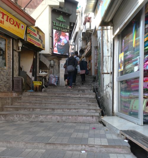 The shops and steps in the narrow lanes of Lakkar Bazaar Shimla