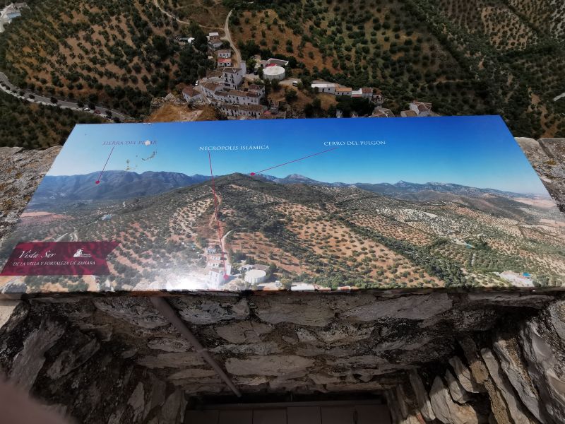 A signboard on the roof of the castle on the hill Zahara de la Sierra