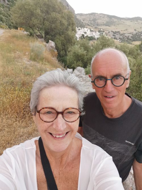 Teresa and Manfred near Ermita del Calvarion, with Villaluenga del Rosario in behind