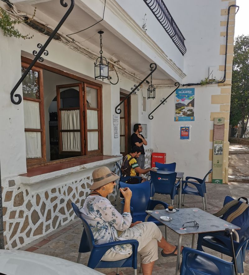 Teresa enjoying a coffee near Plaza de la Alameda, Villaluenga del Rosario