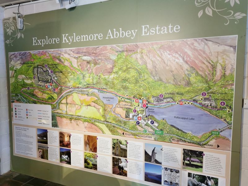 An information board about Kylemore Abbey and the grounds it sits in