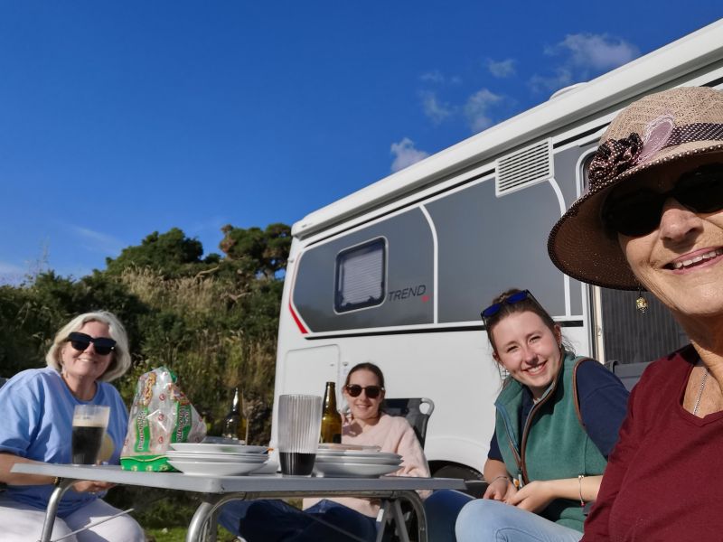Dinner at our campervan in the sun at Achill Seal Caves Camping Ground, Achill Island