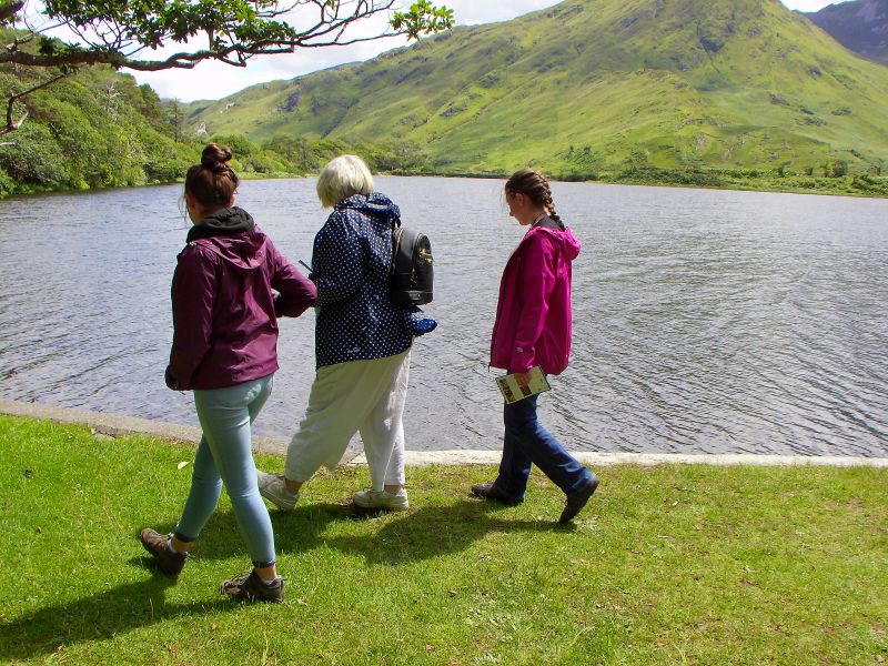 Francesca, Dionee and Matilda walking on the edge of Pollacappul Lough