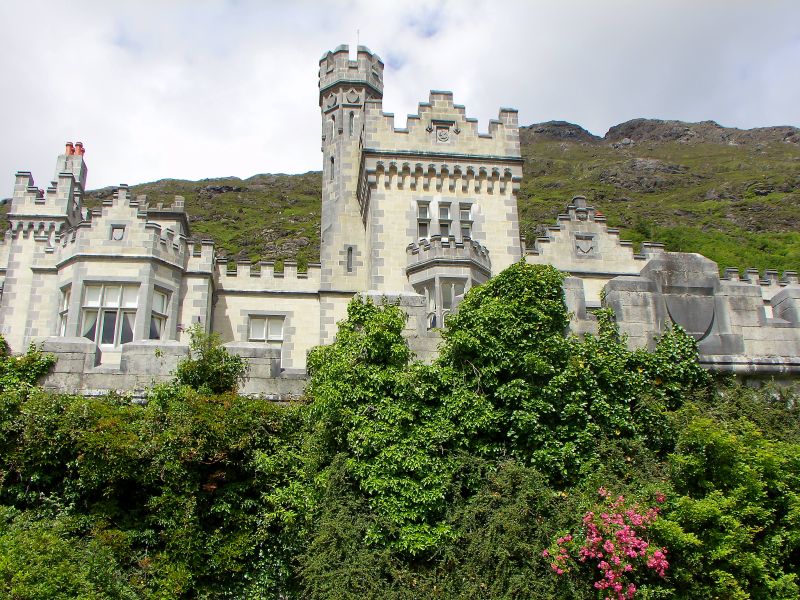 Looking up towards Kylemore Abbey and the hills above and from the road below