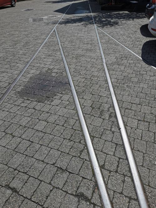 The preserved railway lines in the upgraded shopping area