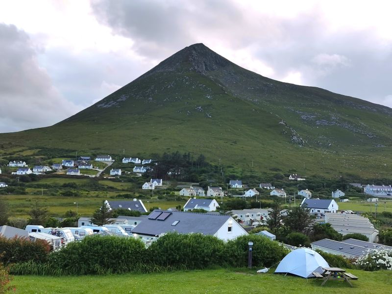 The view from our campervan park over the Achill Seal Caves camping ground to Slievemore